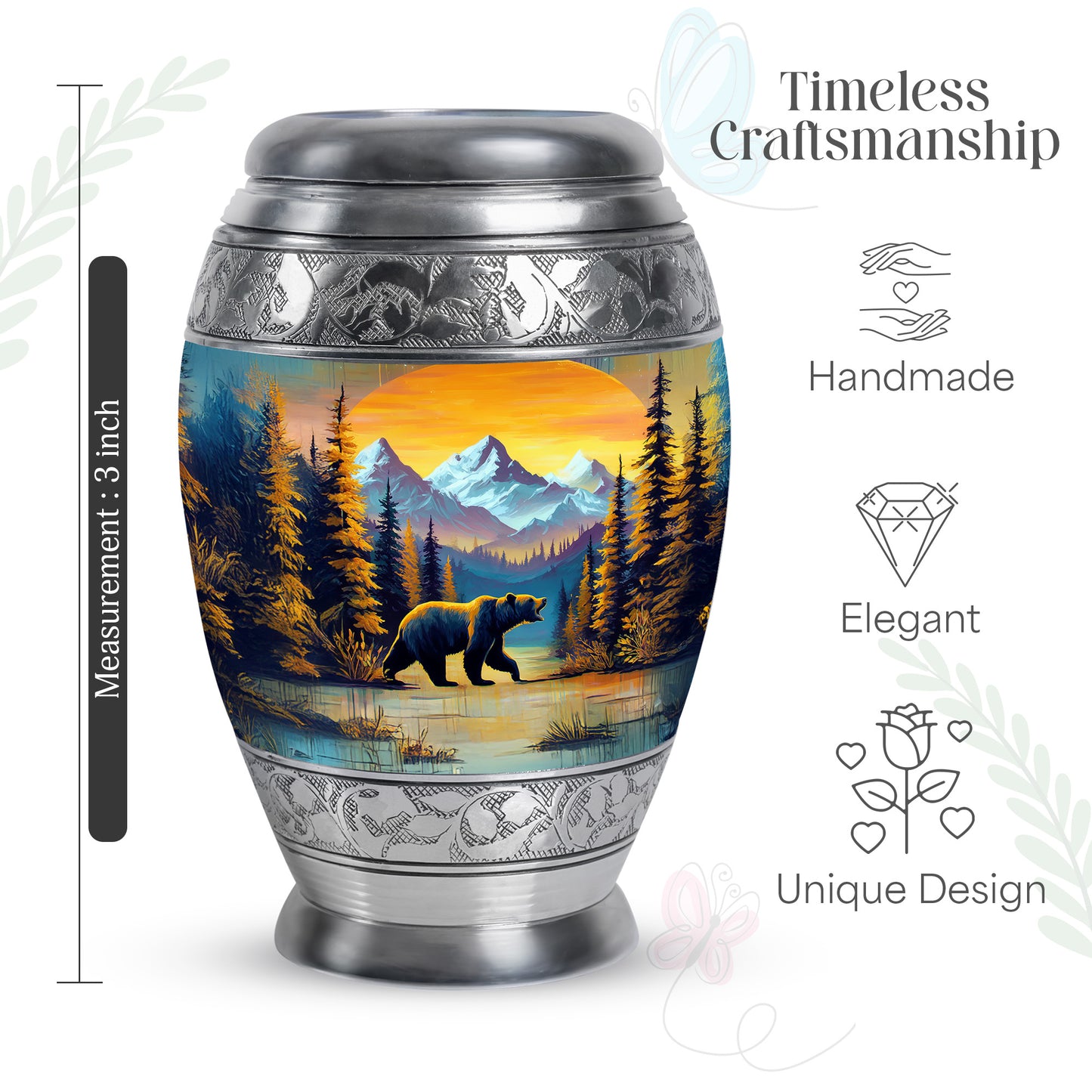 Burnished Gold Bear Cremation Urn lifestyle display on memorial shelf - majestic bear pattern with filigree border - mini keepsake memorial for portion of cremation ashes