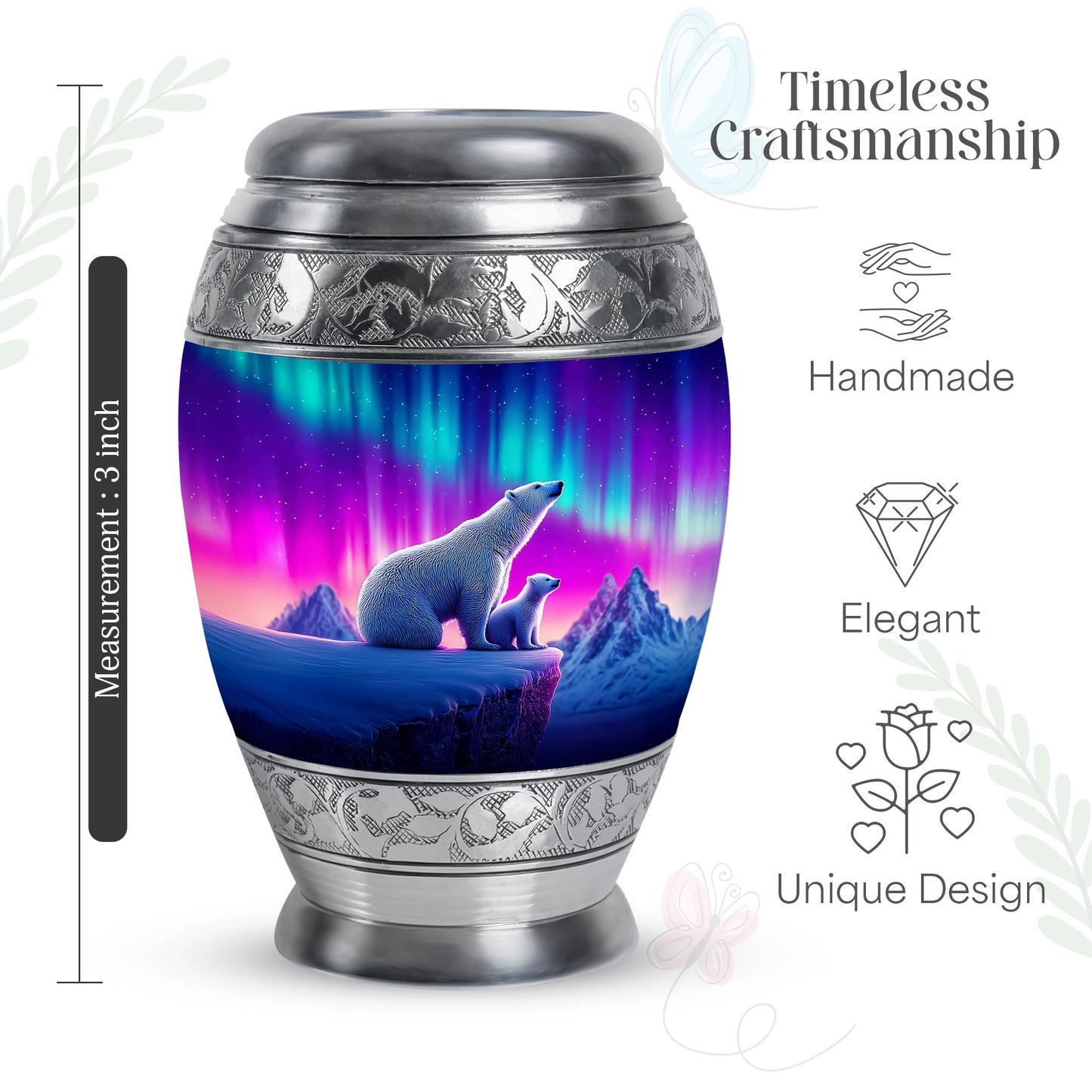 Steel Blue Bear Cremation Urn lifestyle display on memorial shelf - majestic bear pattern with filigree border - mini keepsake memorial for portion of cremation ashes
