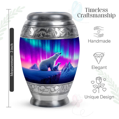 Steel Blue Bear Cremation Urn lifestyle display on memorial shelf - majestic bear pattern with filigree border - mini keepsake memorial for portion of cremation ashes