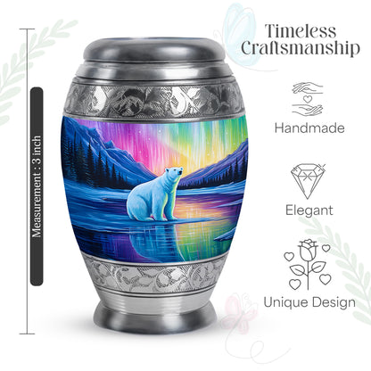 Salmon Pink Bear Cremation Urn lifestyle display on memorial shelf - royal bear engraving with decorative scrollwork - mini keepsake memorial for portion of cremation ashes