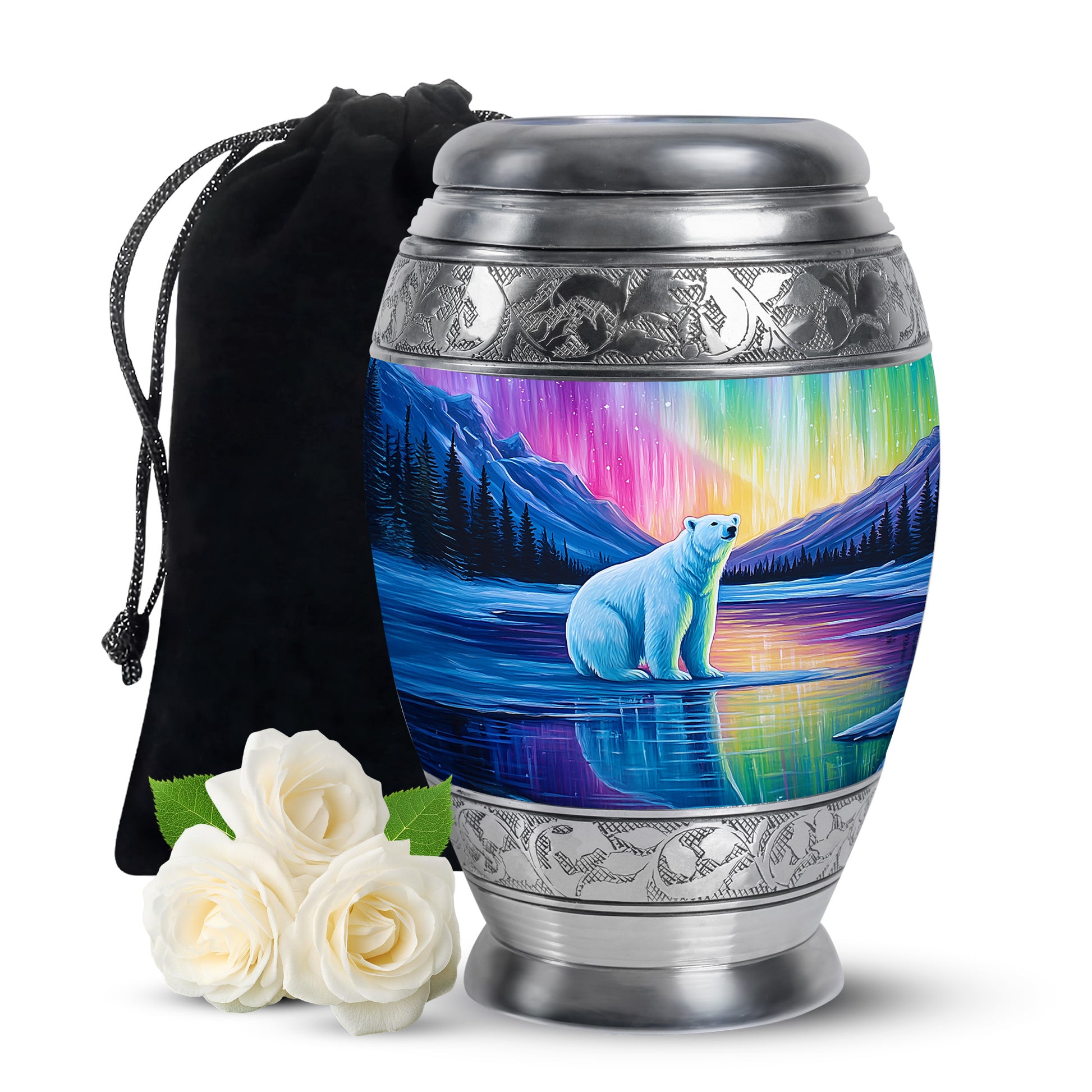 Salmon Pink Bear Cremation Urn back view with polished surface - royal bear engraving with decorative scrollwork - full-size 10 inch 200 cubic inch adult cremation urn