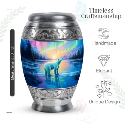 Royal Gold Bear Cremation Urn lifestyle display on memorial shelf - royal bear engraving with decorative scrollwork - mini keepsake memorial for portion of cremation ashes