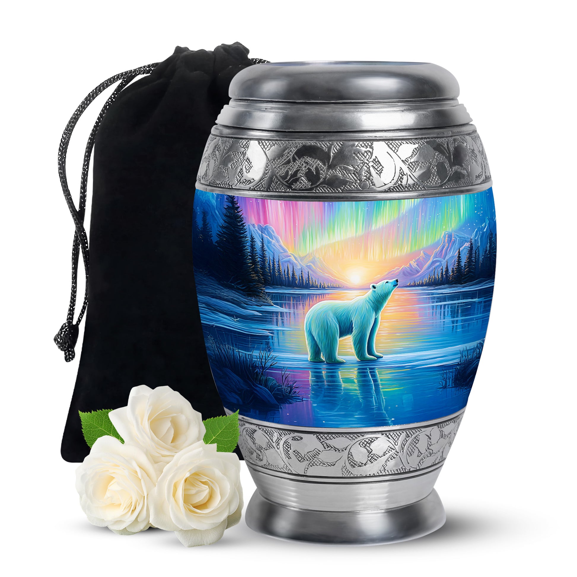 Harvest Gold Bear Cremation Urn back view with polished surface - royal bear engraving with decorative scrollwork - full-size 10 inch 200 cubic inch adult cremation urn