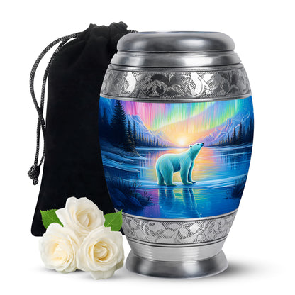 Harvest Gold Bear Cremation Urn back view with polished surface - royal bear engraving with decorative scrollwork - full-size 10 inch 200 cubic inch adult cremation urn