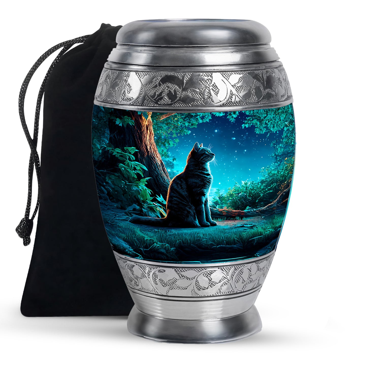 Sky Blue Cat Cremation Urn back view with polished surface - regal cat design with crown-inspired accents - full-size 10 inch 200 cubic inch adult cremation urn