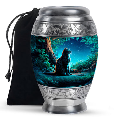 Sky Blue Cat Cremation Urn back view with polished surface - regal cat design with crown-inspired accents - full-size 10 inch 200 cubic inch adult cremation urn