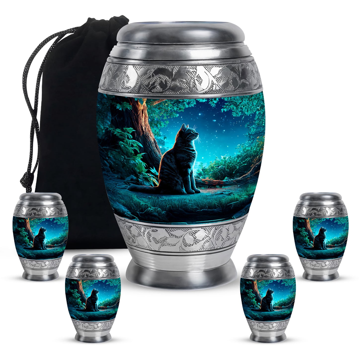 Icy Blue Cat Cremation Urn detail view - regal cat design with crown-inspired accents - memorial set with one large and four small urns