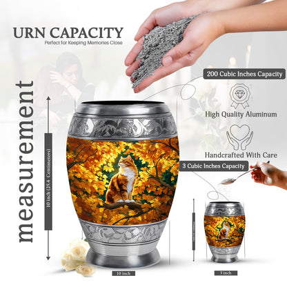 Amber Gold Cat Cremation Urn lifestyle display on memorial shelf - regal cat design with crown-inspired accents - mini keepsake memorial for portion of cremation ashes