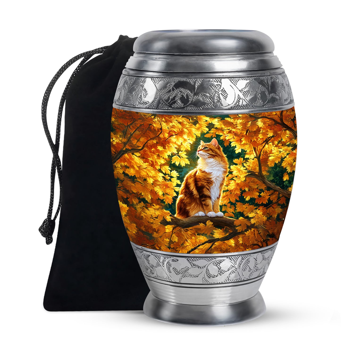 Amber Gold Cat Cremation Urn back view with polished surface - ornate monarch-style cat relief on brushed aluminum - full-size 10 inch 200 cubic inch adult cremation urn