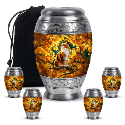 Matte Gold Cat Cremation Urn detail view - royal cat engraving with decorative scrollwork - memorial set with one large and four small urns