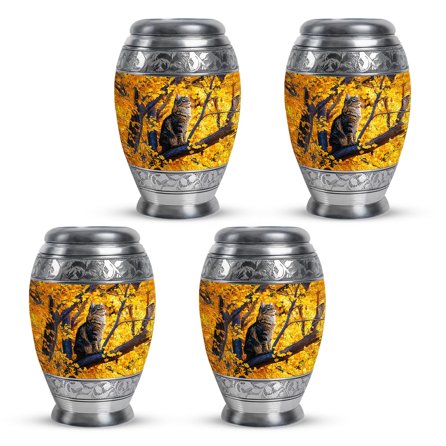 Gilded Gold Cat Cremation Urn urn with complimentary velvet bag - regal cat design with crown-inspired accents - 10 inch aluminum urn for cremated remains