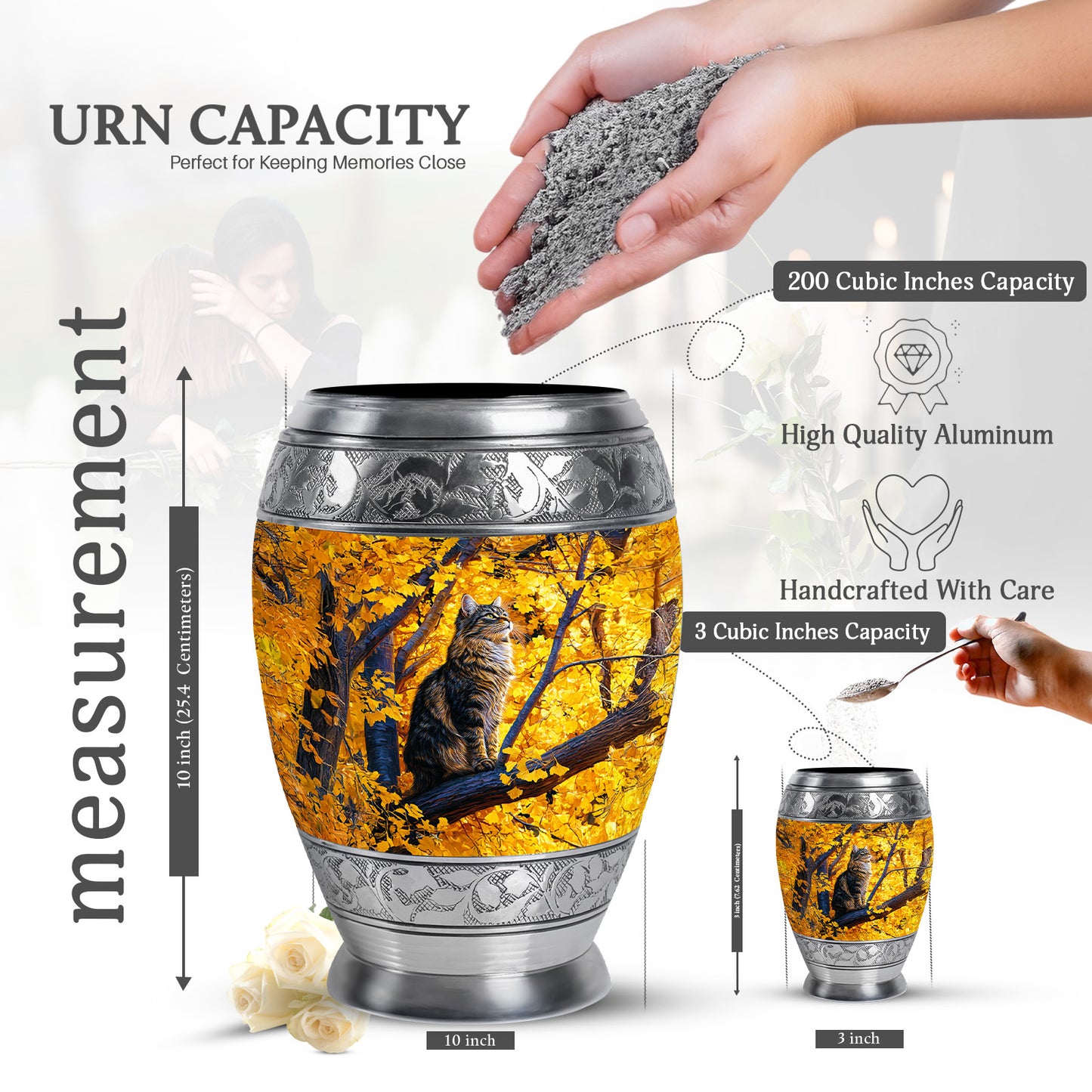 Gilded Gold Cat Cremation Urn lifestyle display on memorial shelf - ornate monarch-style cat relief on brushed aluminum - mini keepsake memorial for portion of cremation ashes