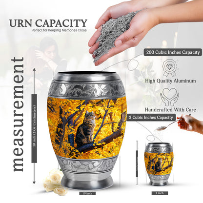 Gilded Gold Cat Cremation Urn lifestyle display on memorial shelf - ornate monarch-style cat relief on brushed aluminum - mini keepsake memorial for portion of cremation ashes