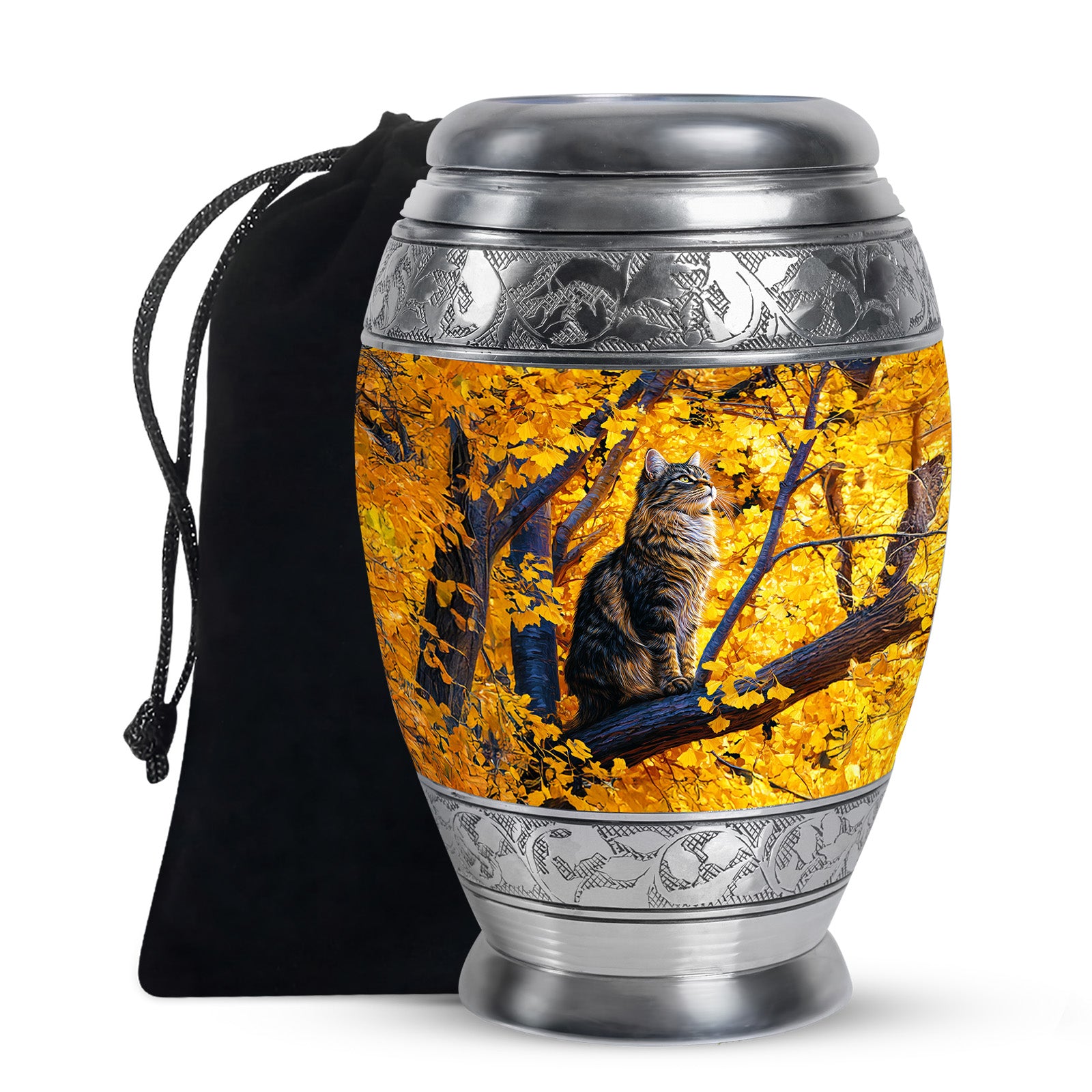 Burnished Gold Cat Cremation Urn back view with polished surface - royal cat engraving with decorative scrollwork - full-size 10 inch 200 cubic inch adult cremation urn