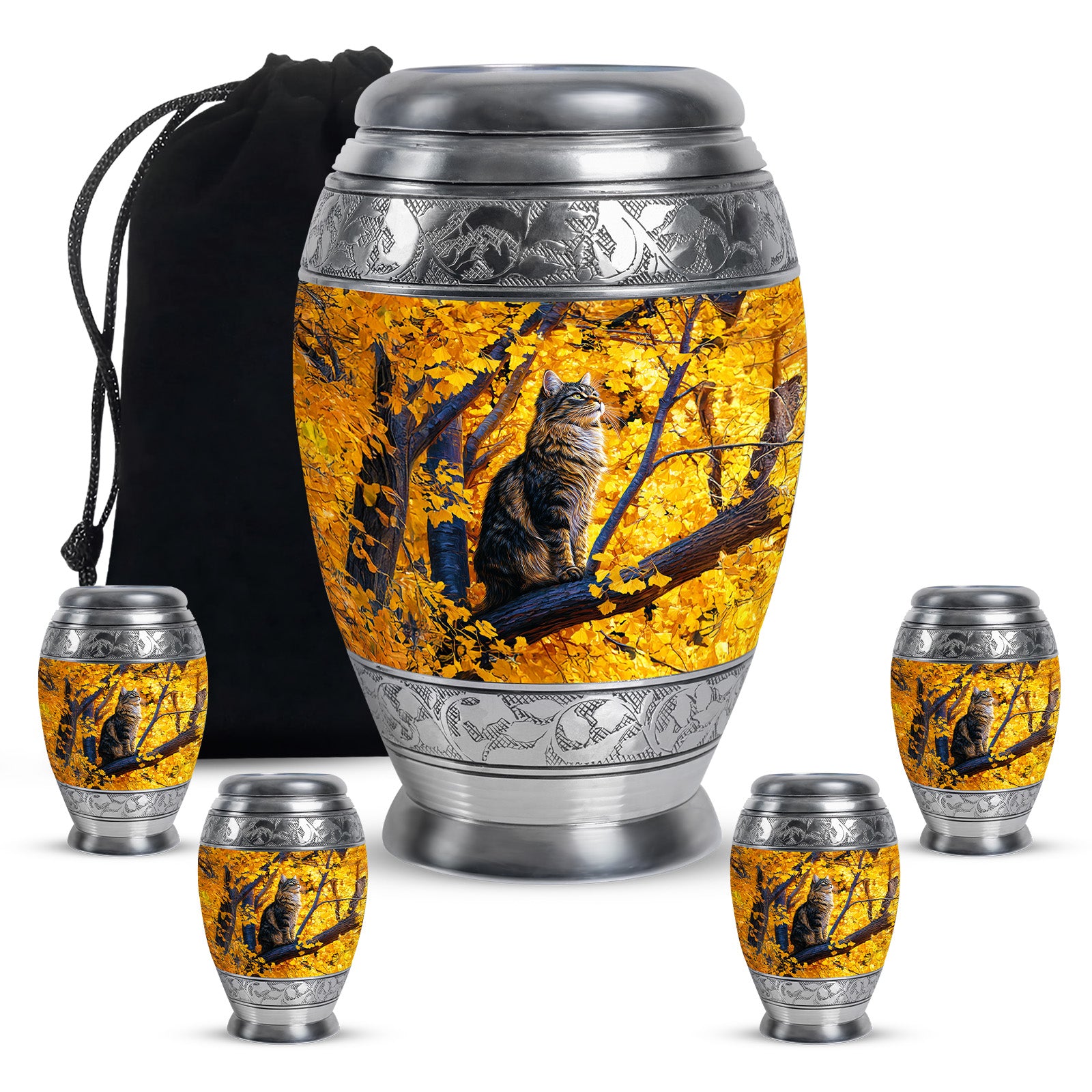 Sunrise Gold Cat Cremation Urn detail view - regal cat design with crown-inspired accents - memorial set with one large and four small urns