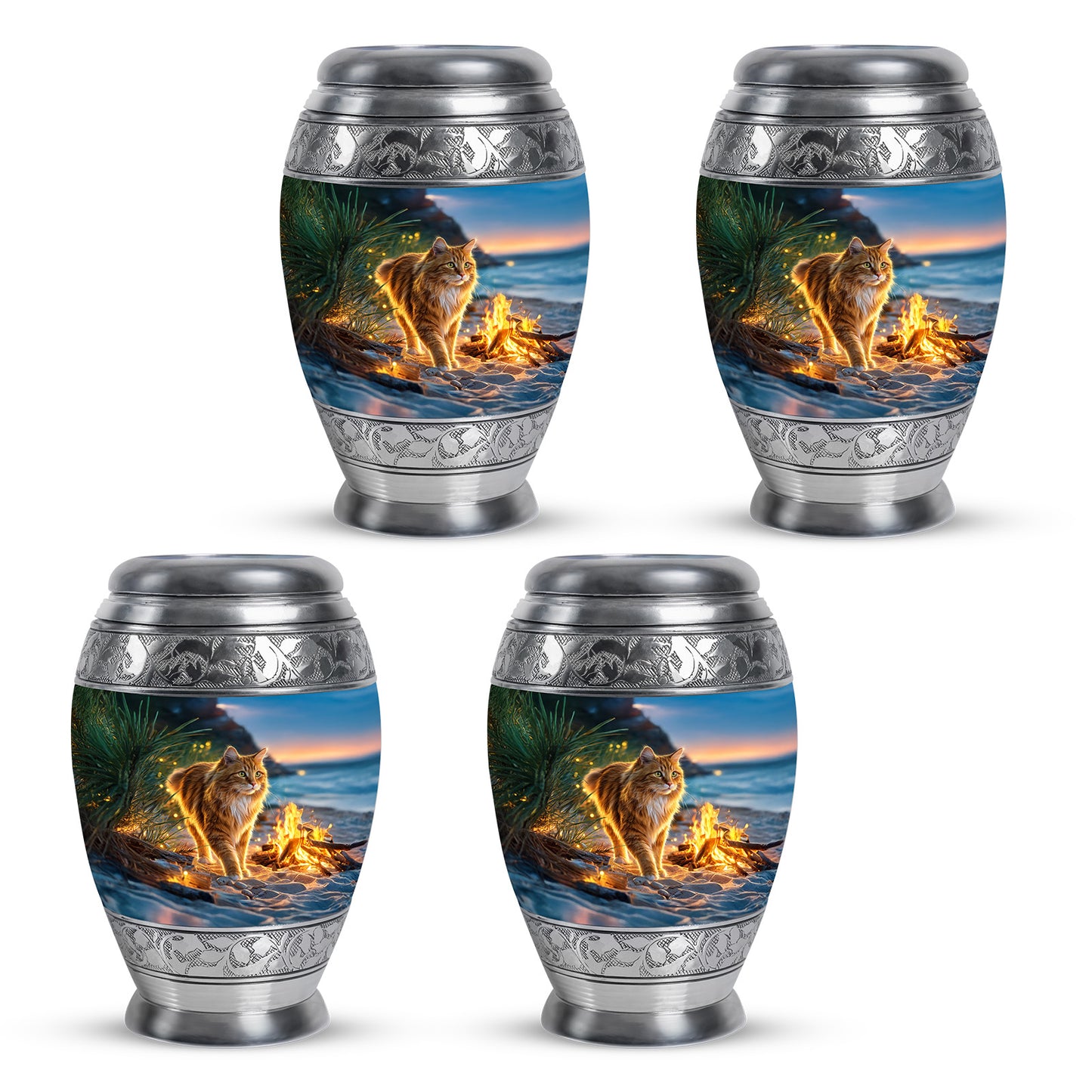 Cornflower Blue Cat Cremation Urn urn with complimentary velvet bag - majestic cat pattern with filigree border - 10 inch aluminum urn for cremated remains