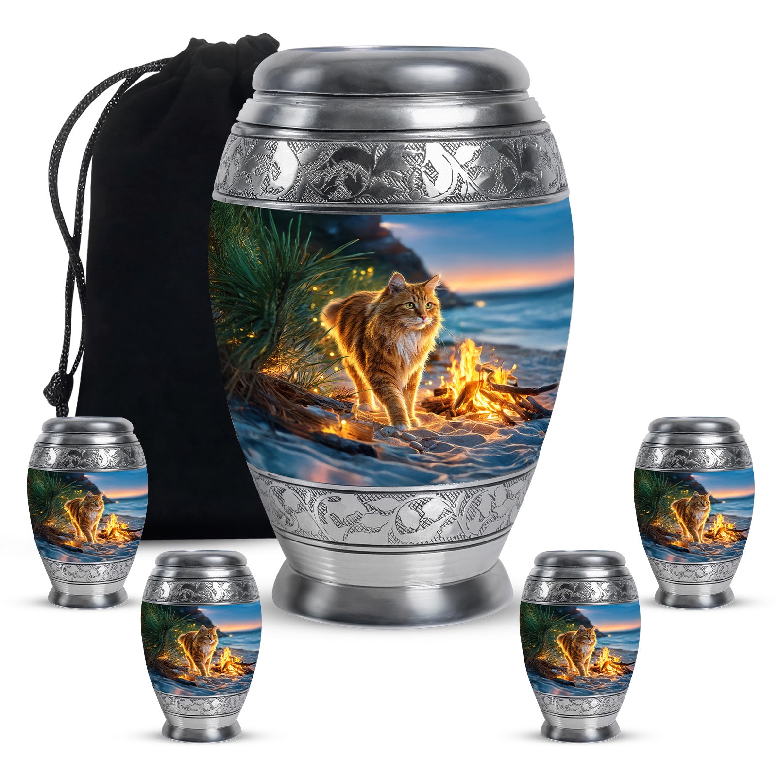 Sapphire Blue Cat Cremation Urn detail view - royal cat engraving with decorative scrollwork - memorial set with one large and four small urns