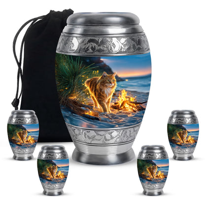 Sapphire Blue Cat Cremation Urn detail view - royal cat engraving with decorative scrollwork - memorial set with one large and four small urns