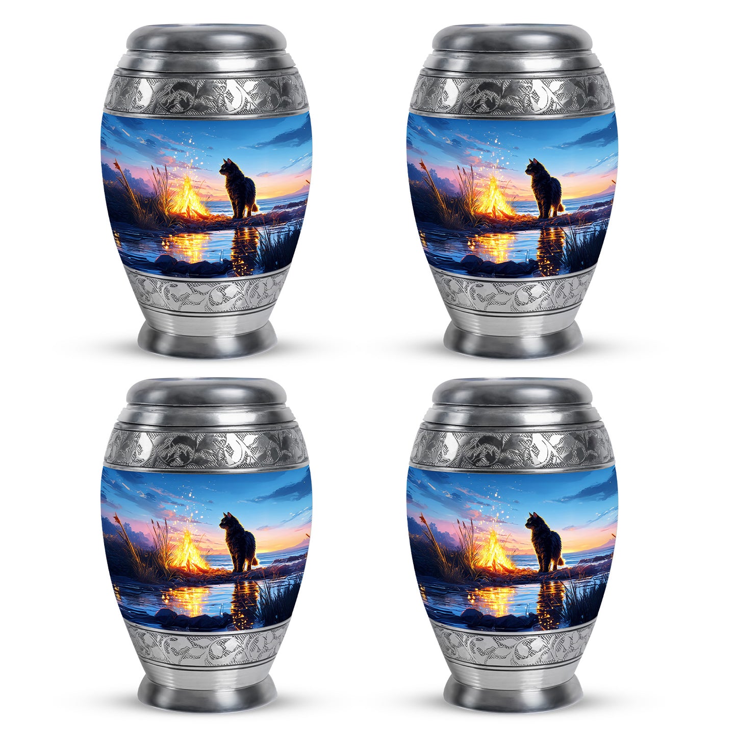 Powder Blue Cat Cremation Urn urn with complimentary velvet bag - regal cat design with crown-inspired accents - 10 inch aluminum urn for cremated remains