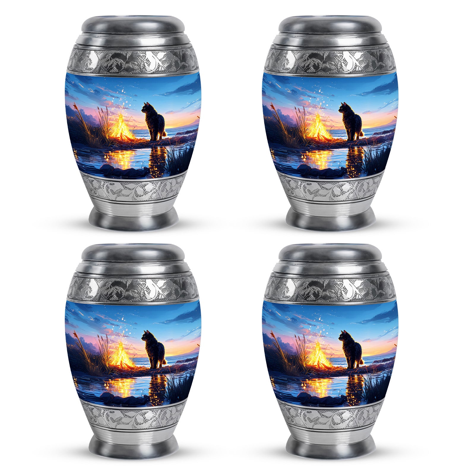 Powder Blue Cat Cremation Urn urn with complimentary velvet bag - regal cat design with crown-inspired accents - 10 inch aluminum urn for cremated remains