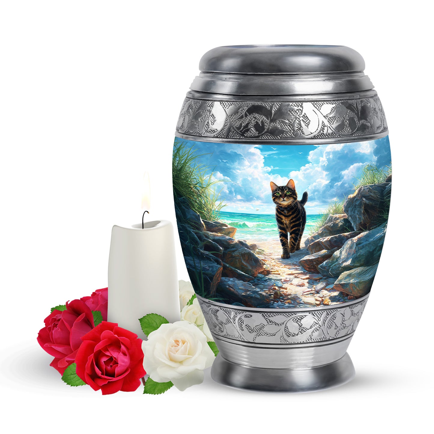 Radiant Cat Memorial Cremation Urns - Teal 10-inch, 200 cu in - Yatskia