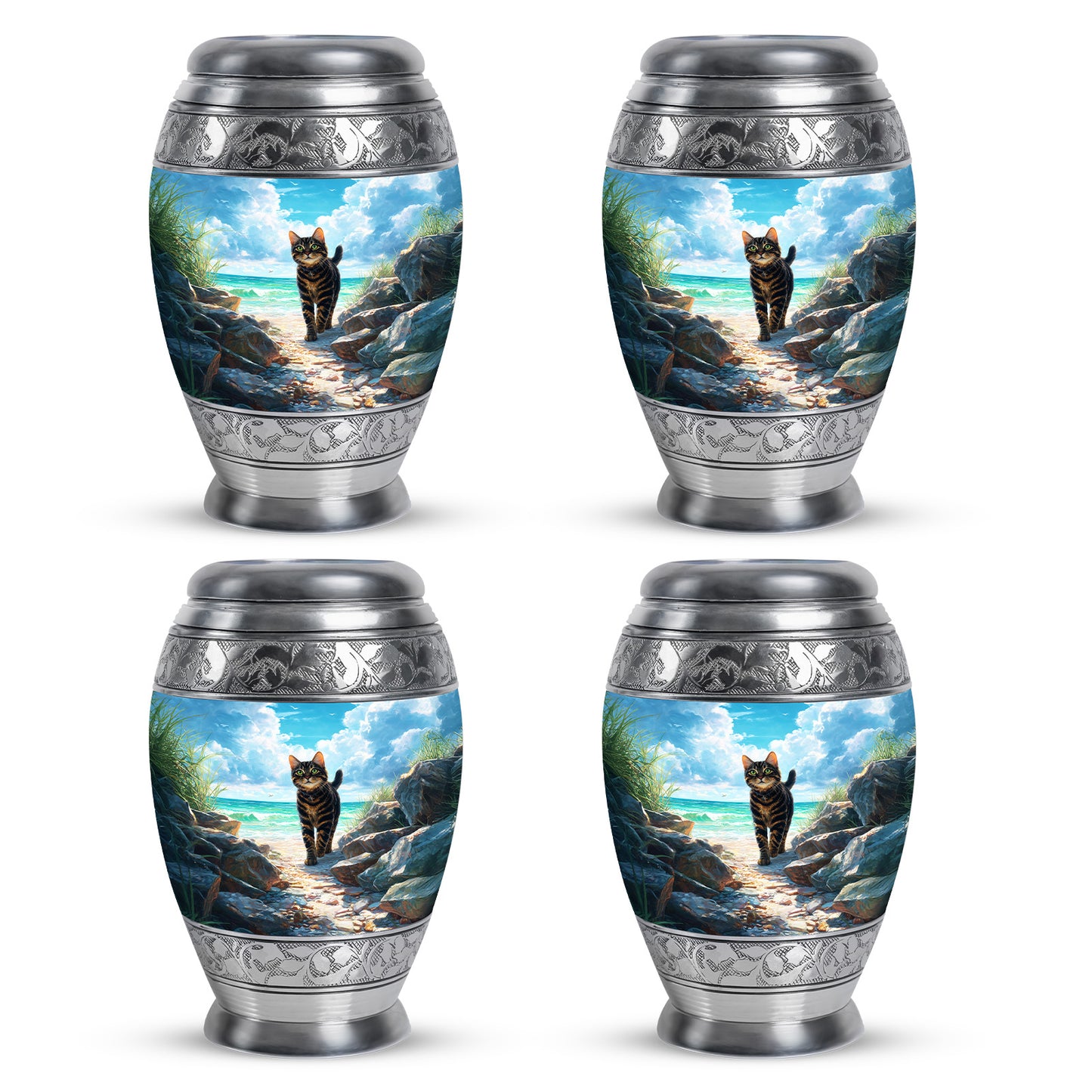 Cool Teal Cat Cremation Urn urn with complimentary velvet bag - regal cat design with crown-inspired accents - 10 inch aluminum urn for cremated remains