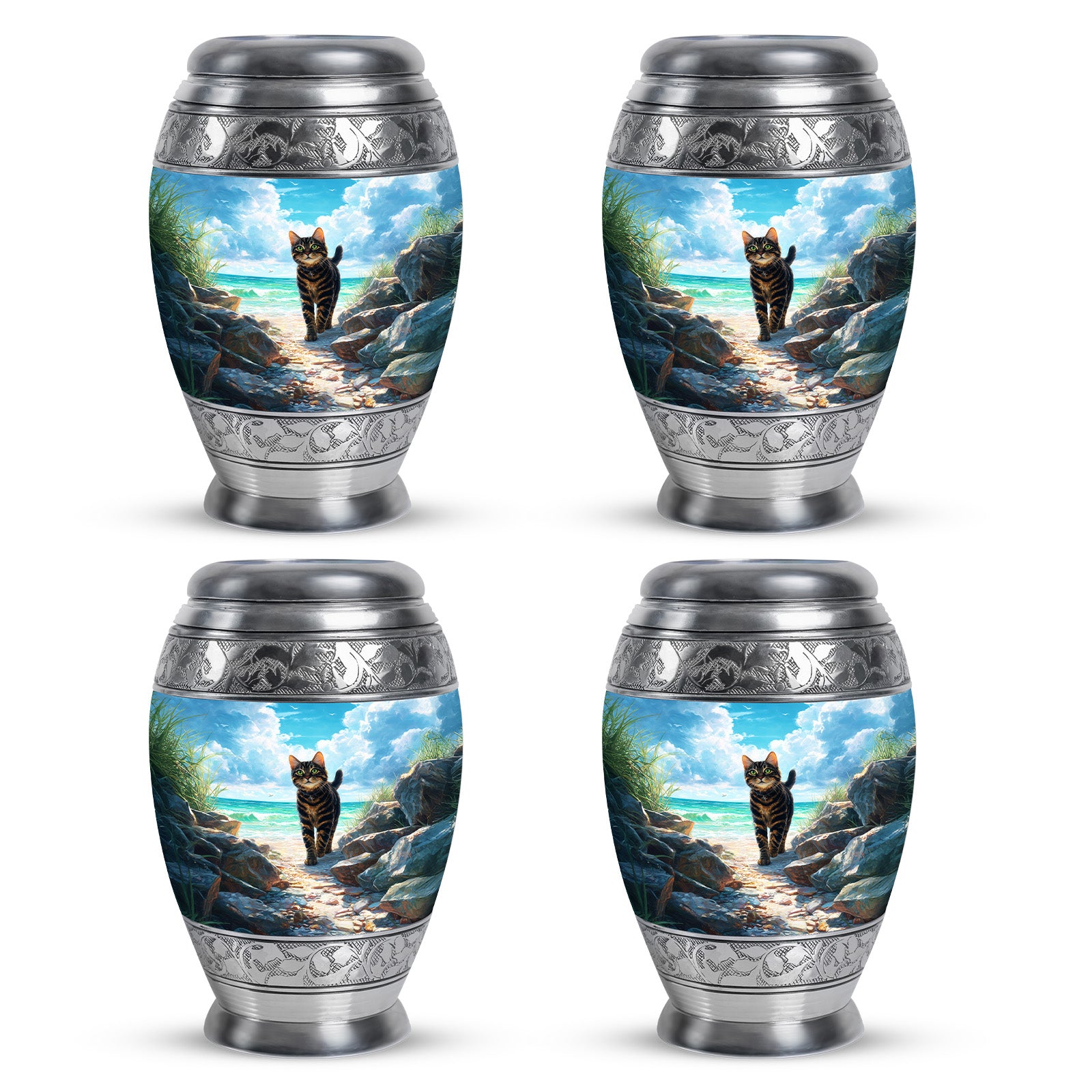 Cool Teal Cat Cremation Urn urn with complimentary velvet bag - regal cat design with crown-inspired accents - 10 inch aluminum urn for cremated remains