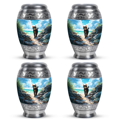 Cool Teal Cat Cremation Urn urn with complimentary velvet bag - regal cat design with crown-inspired accents - 10 inch aluminum urn for cremated remains