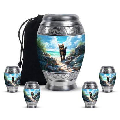 Tropical Teal Cat Cremation Urn detail view - royal cat engraving with decorative scrollwork - memorial set with one large and four small urns