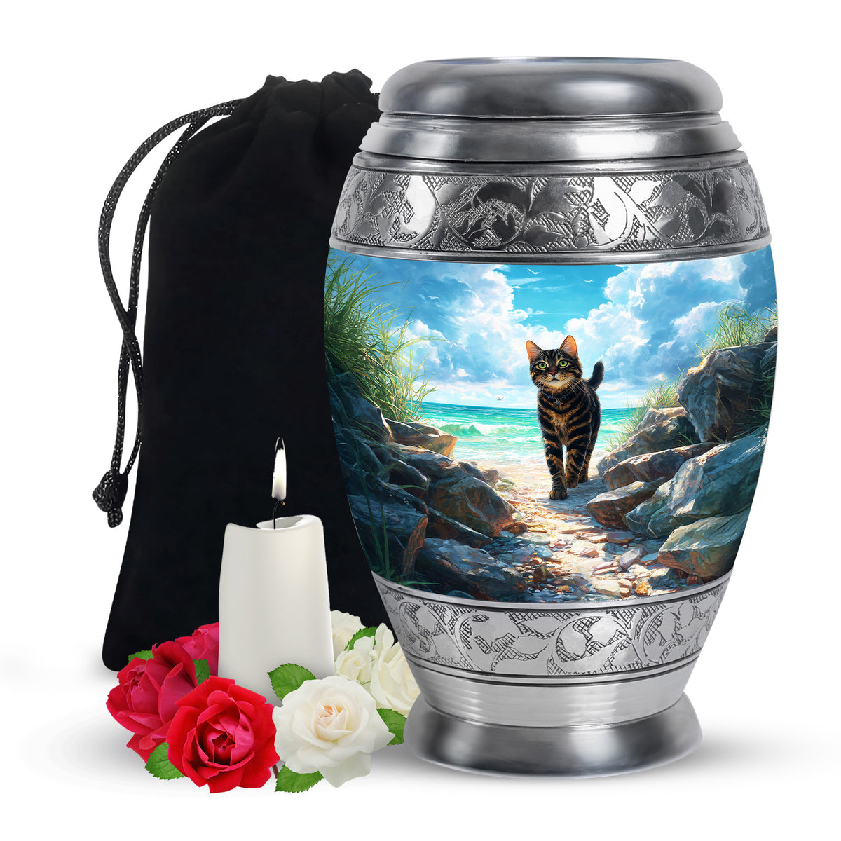 Aqua Teal Cat Cremation Urn back view with polished surface - royal cat engraving with decorative scrollwork - full-size 10 inch 200 cubic inch adult cremation urn