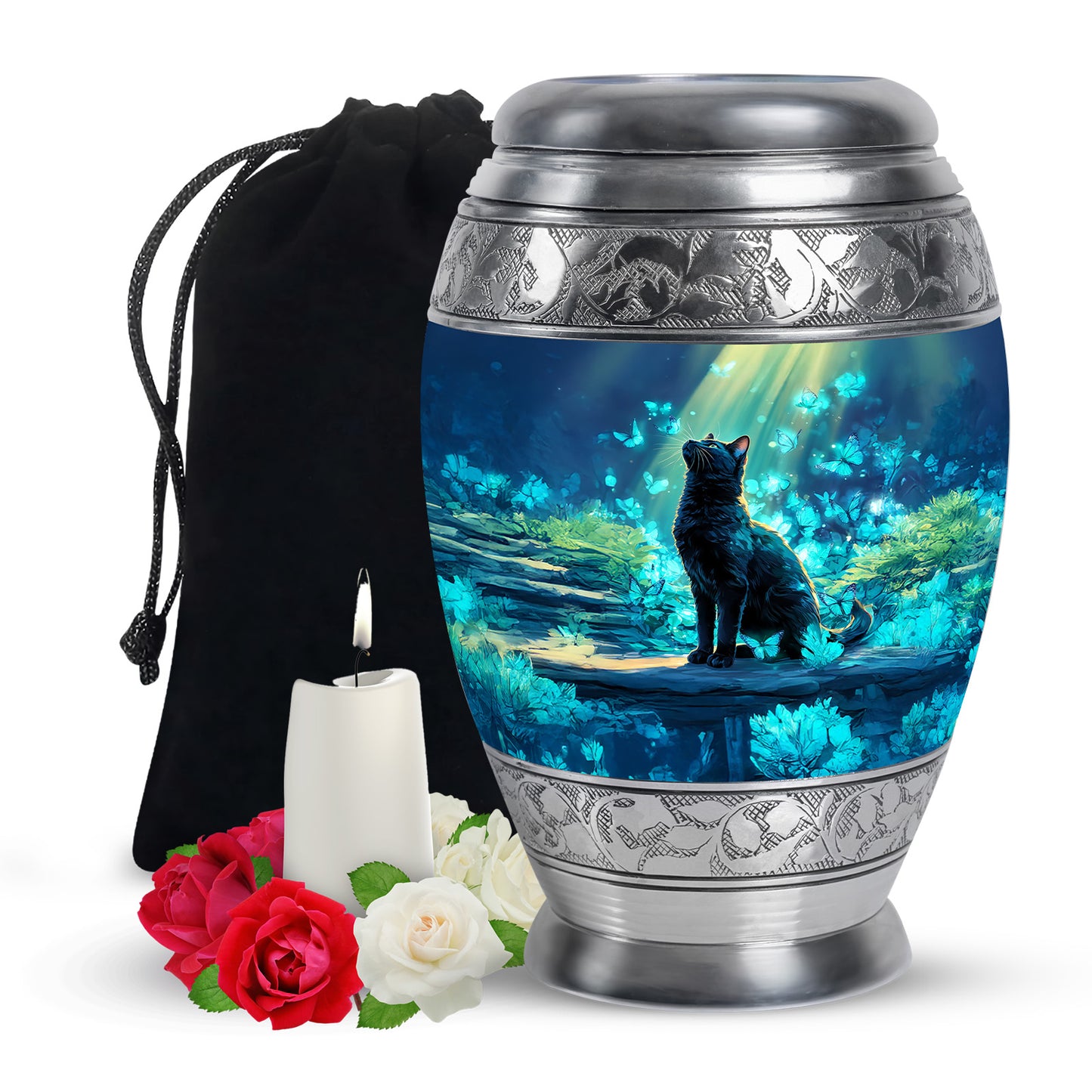 Calming Blue Cat Cremation Urn back view with polished surface - royal cat engraving with decorative scrollwork - full-size 10 inch 200 cubic inch adult cremation urn