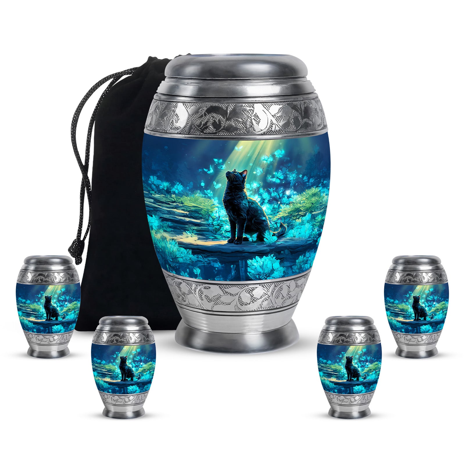 Serene Blue Cat Cremation Urn detail view - royal cat engraving with decorative scrollwork - memorial set with one large and four small urns