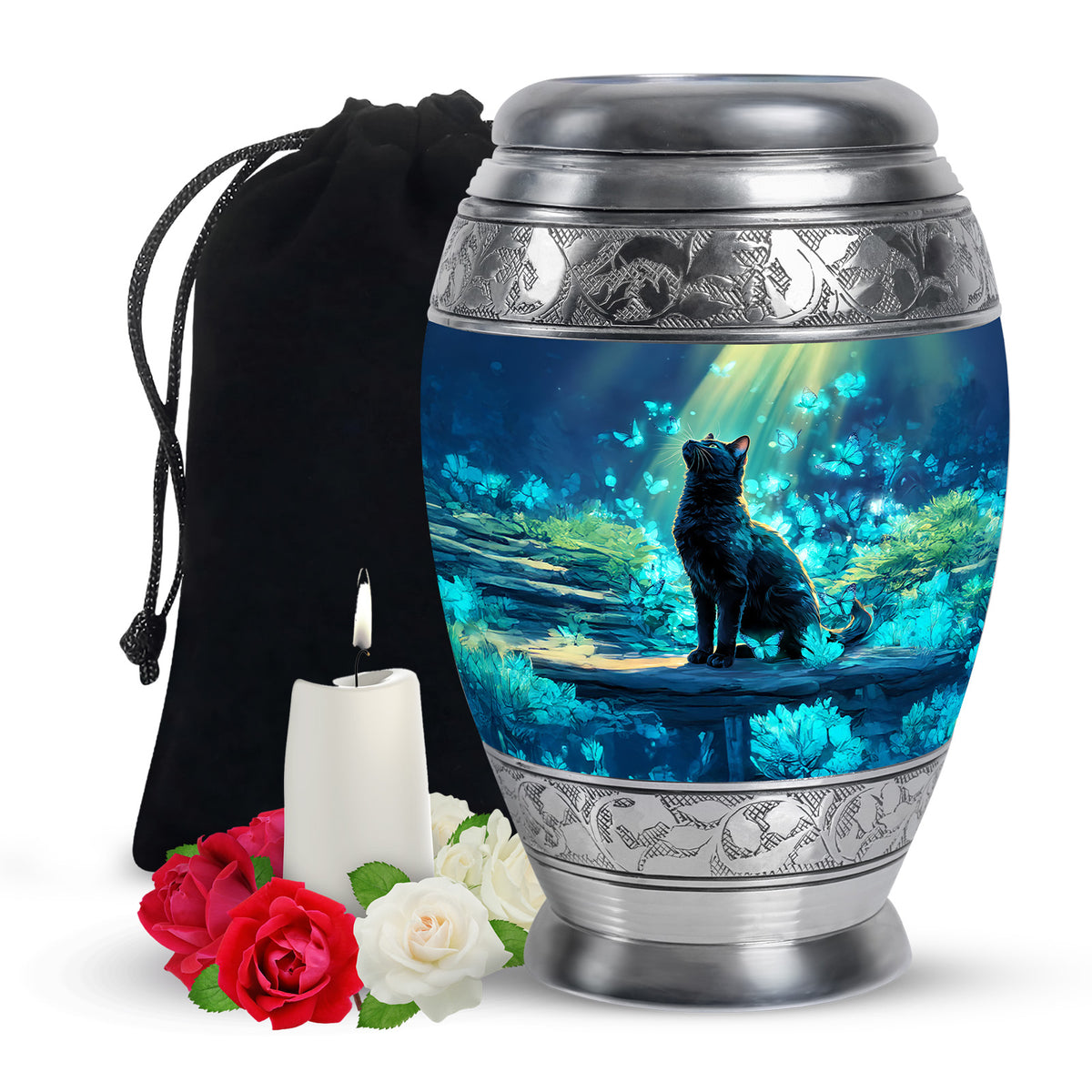 Calming Blue Cat Cremation Urn back view with polished surface - royal cat engraving with decorative scrollwork - full-size 10 inch 200 cubic inch adult cremation urn