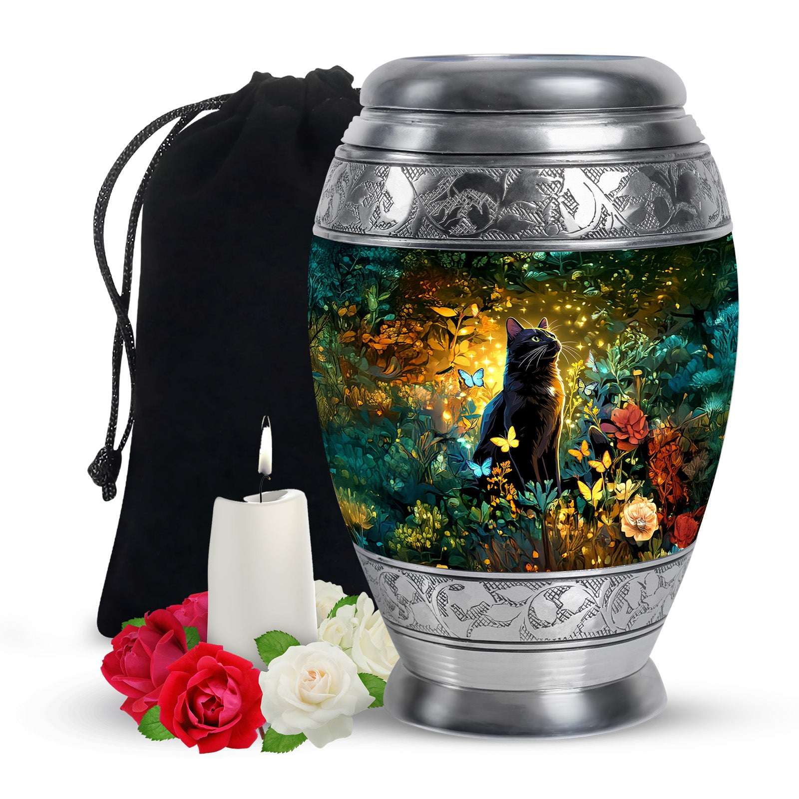 Black Cat Cremation Urn for Human Ashes - Colorful Butterflies Memorial Urn