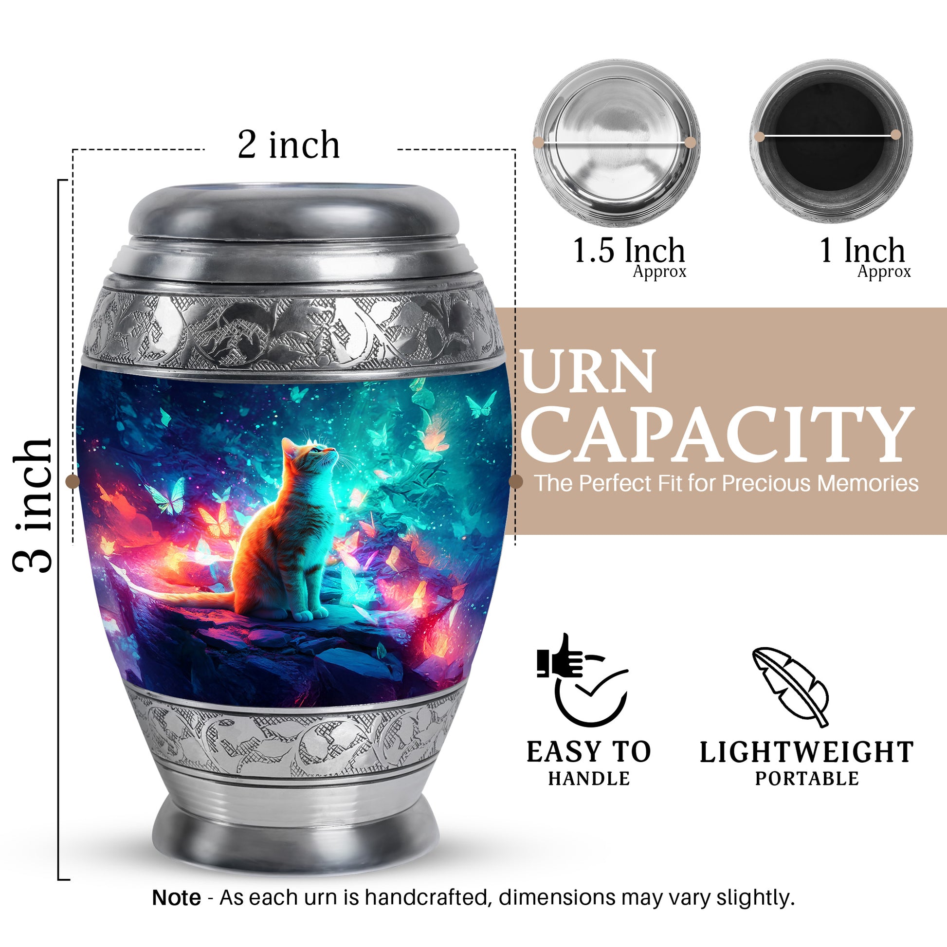 Steel Blue Cat Cremation Urn lifestyle display on memorial shelf - majestic cat pattern with filigree border - mini keepsake memorial for portion of cremation ashes