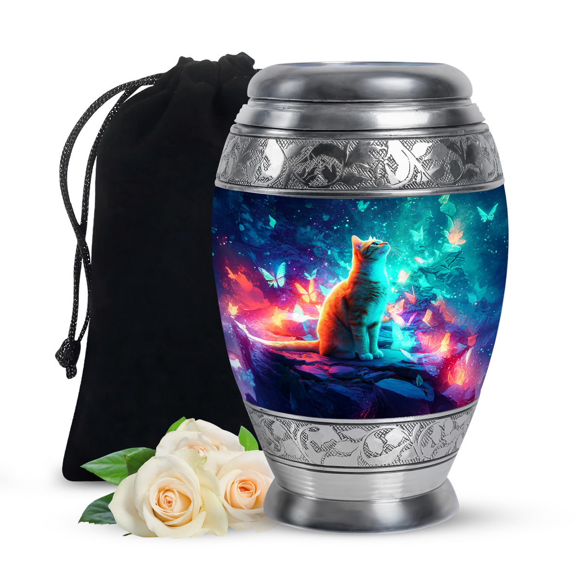 Bright Blue Cat Cremation Urn back view with polished surface - royal cat engraving with decorative scrollwork - full-size 10 inch 200 cubic inch adult cremation urn