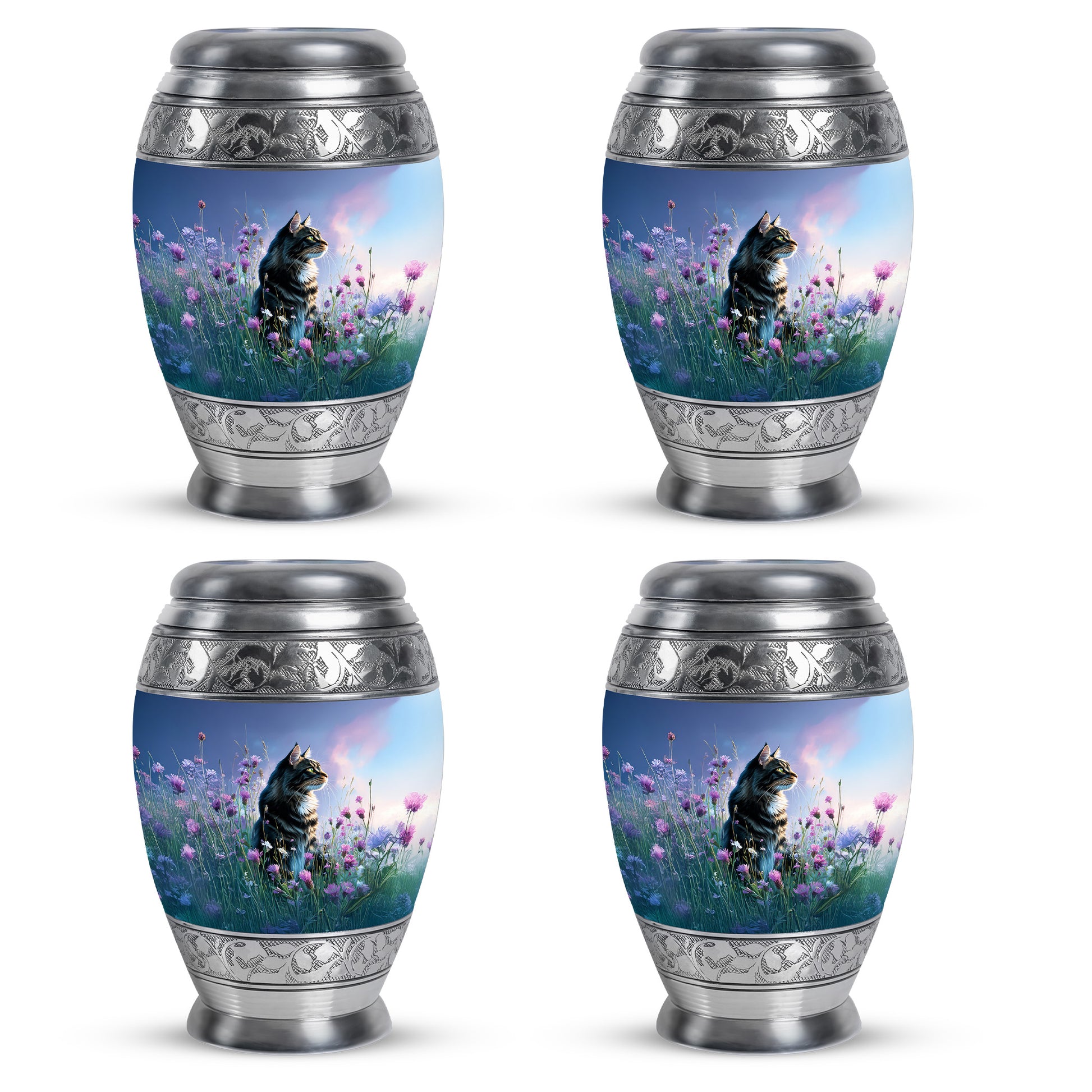 Celestial Blue Cat Cremation Urn urn with complimentary velvet bag - regal cat design with crown-inspired accents - 10 inch aluminum urn for cremated remains