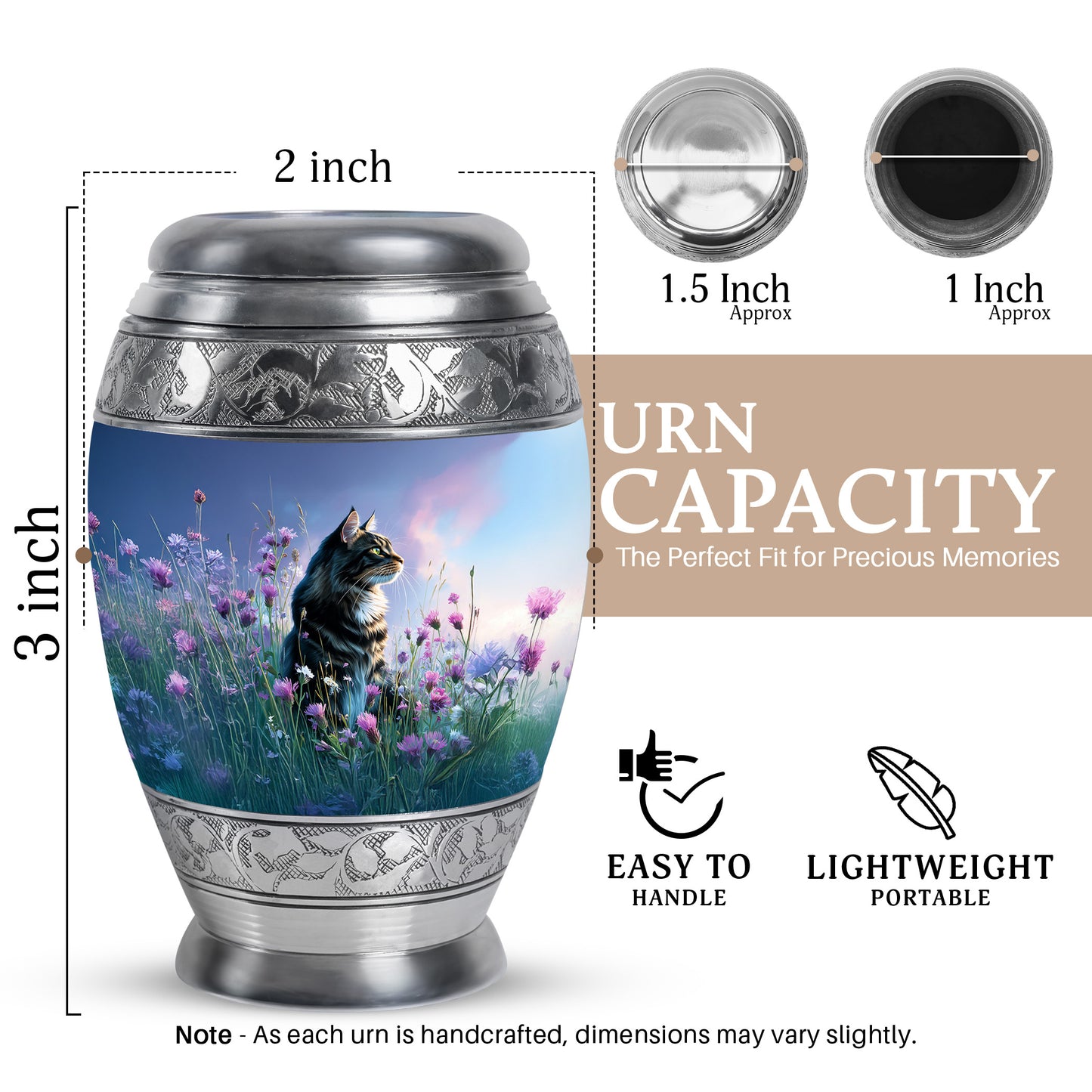 Powder Blue Cat Cremation Urn lifestyle display on memorial shelf - ornate monarch-style cat relief on brushed aluminum - mini keepsake memorial for portion of cremation ashes