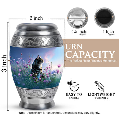 Powder Blue Cat Cremation Urn lifestyle display on memorial shelf - ornate monarch-style cat relief on brushed aluminum - mini keepsake memorial for portion of cremation ashes