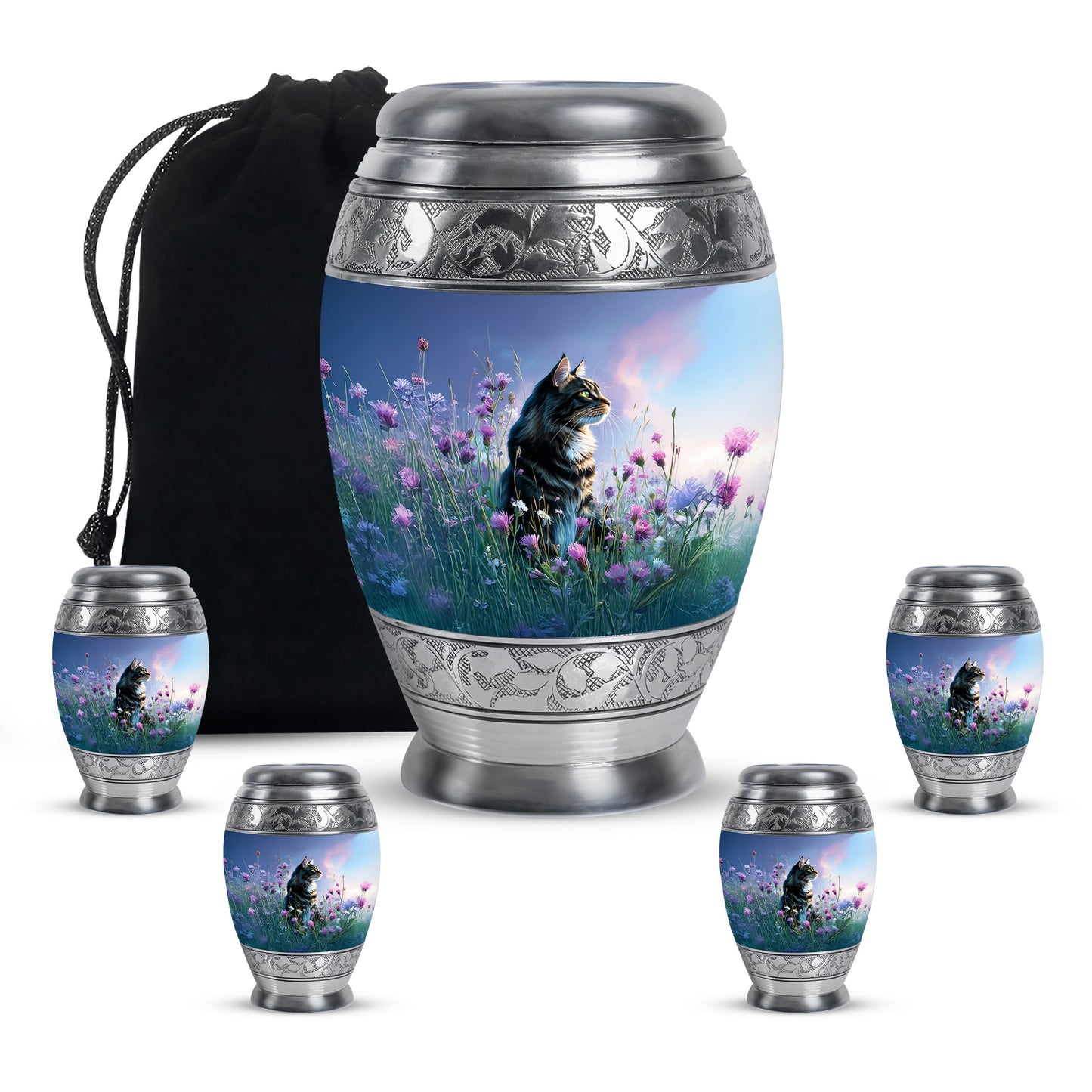 Navy Blue Cat Cremation Urn detail view - regal cat design with crown-inspired accents - memorial set with one large and four small urns