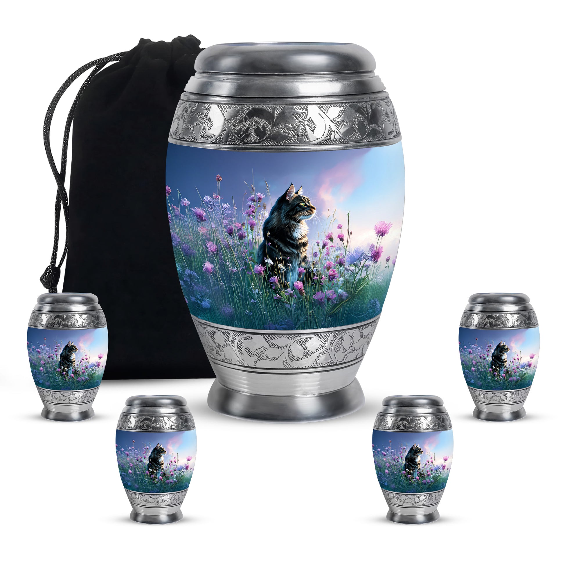 Navy Blue Cat Cremation Urn detail view - regal cat design with crown-inspired accents - memorial set with one large and four small urns