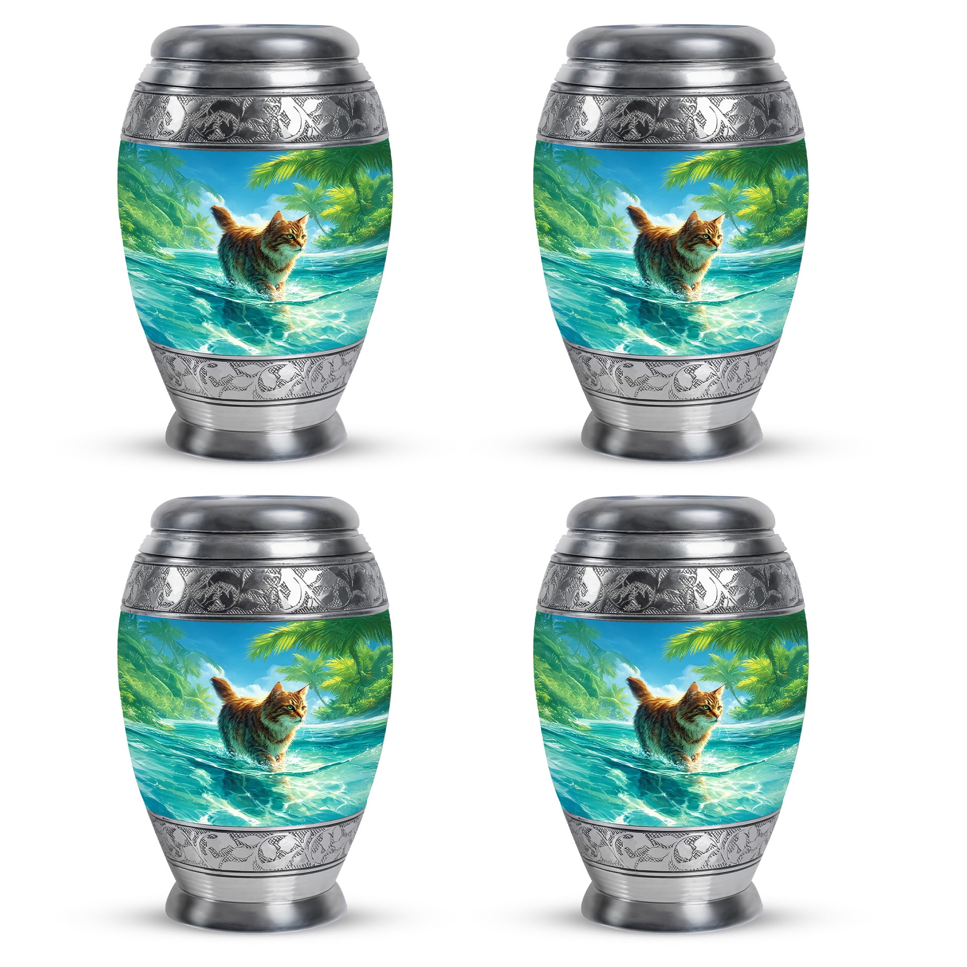 Pastel Blue Cat Cremation Urn urn with complimentary velvet bag - ornate monarch-style cat relief on brushed aluminum - 10 inch aluminum urn for cremated remains