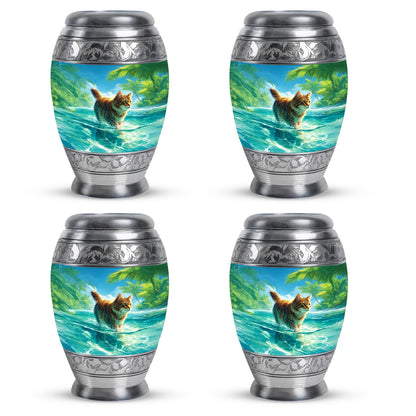 Pastel Blue Cat Cremation Urn urn with complimentary velvet bag - ornate monarch-style cat relief on brushed aluminum - 10 inch aluminum urn for cremated remains