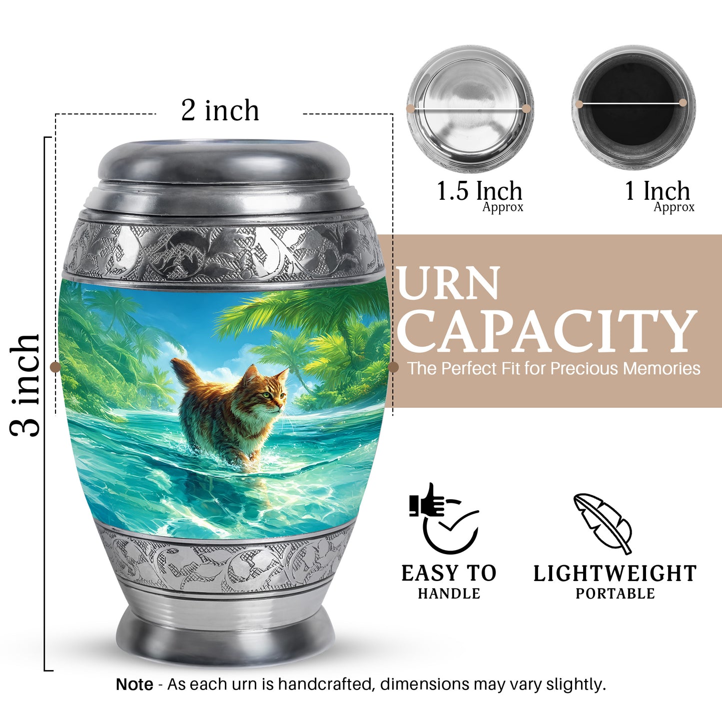 Powder Blue Cat Cremation Urn lifestyle display on memorial shelf - ornate monarch-style cat relief on brushed aluminum - mini keepsake memorial for portion of cremation ashes