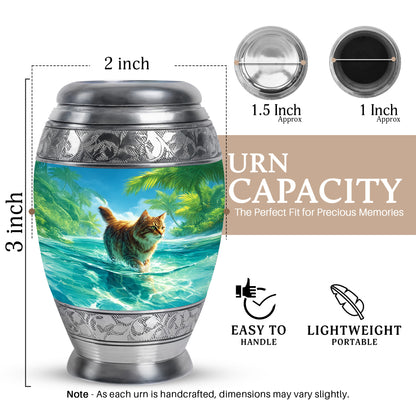 Powder Blue Cat Cremation Urn lifestyle display on memorial shelf - ornate monarch-style cat relief on brushed aluminum - mini keepsake memorial for portion of cremation ashes