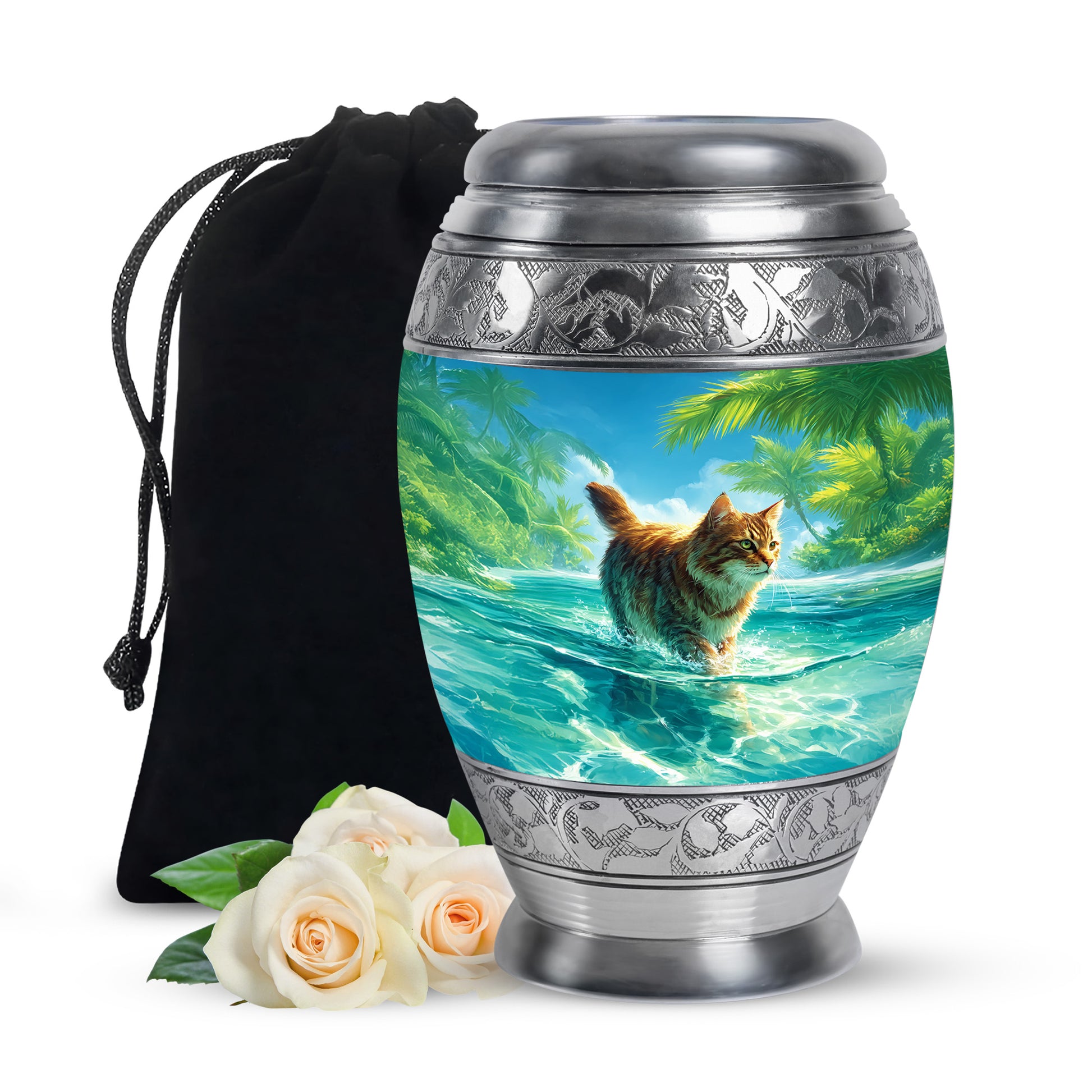 Misty Blue Cat Cremation Urn back view with polished surface - regal cat design with crown-inspired accents - full-size 10 inch 200 cubic inch adult cremation urn