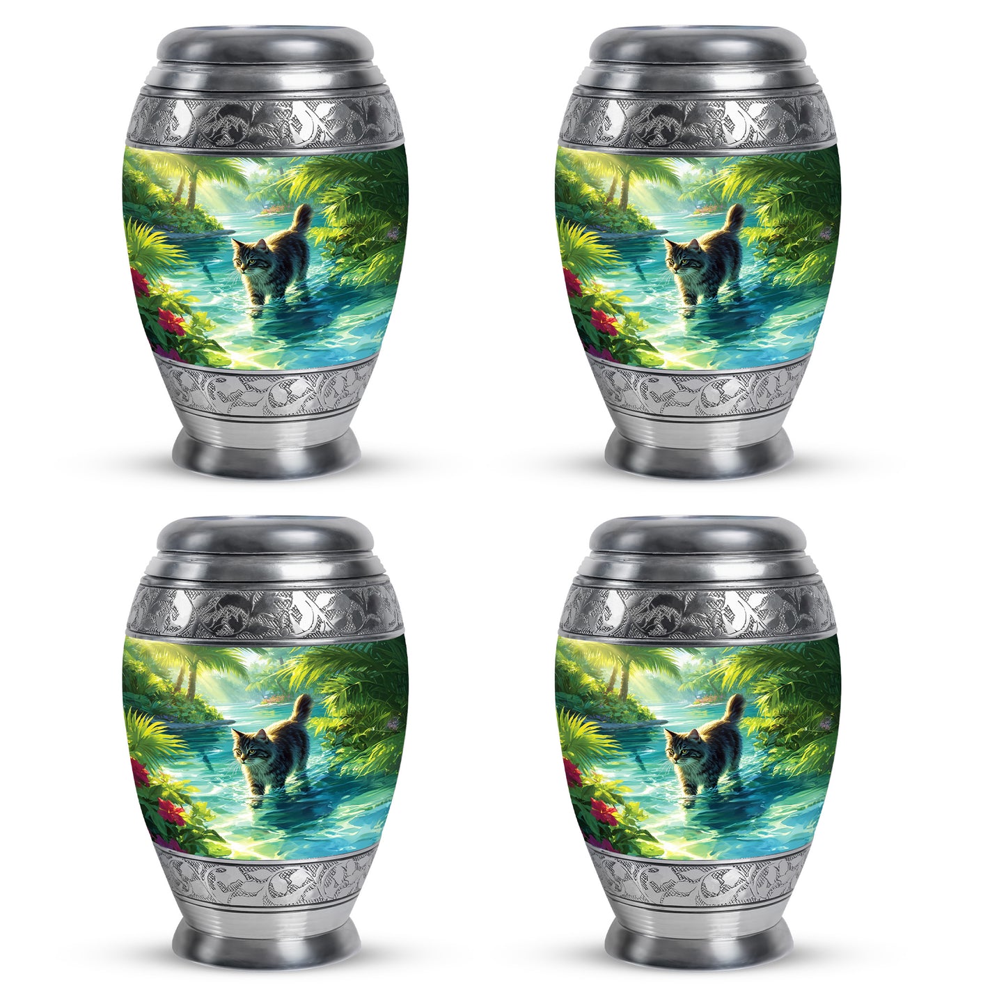 Emerald Green Cat Cremation Urn urn with complimentary velvet bag - regal cat design with crown-inspired accents - 10 inch aluminum urn for cremated remains