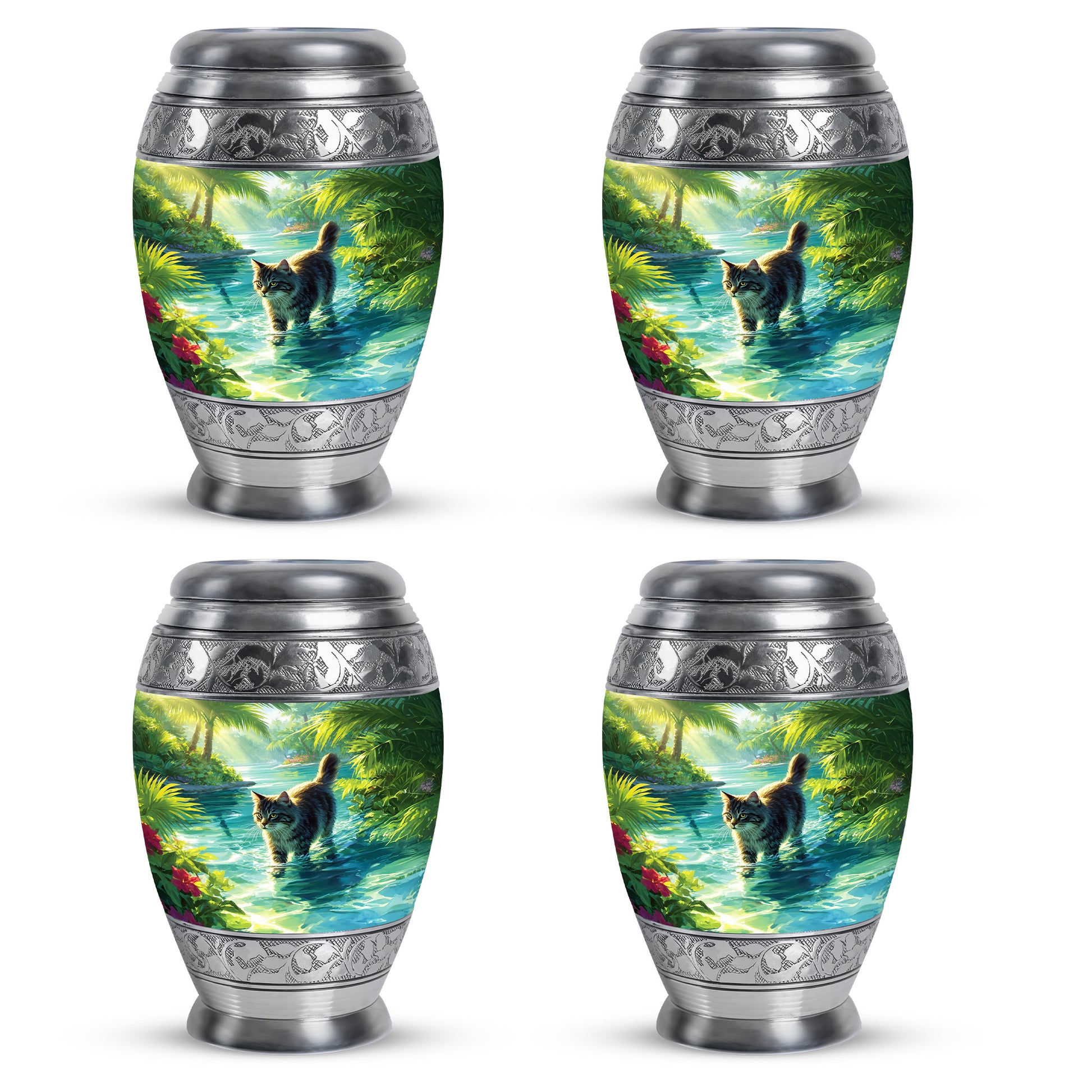 Emerald Green Cat Cremation Urn urn with complimentary velvet bag - regal cat design with crown-inspired accents - 10 inch aluminum urn for cremated remains