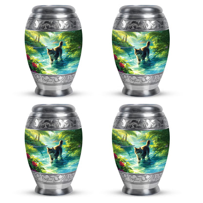 Emerald Green Cat Cremation Urn urn with complimentary velvet bag - regal cat design with crown-inspired accents - 10 inch aluminum urn for cremated remains