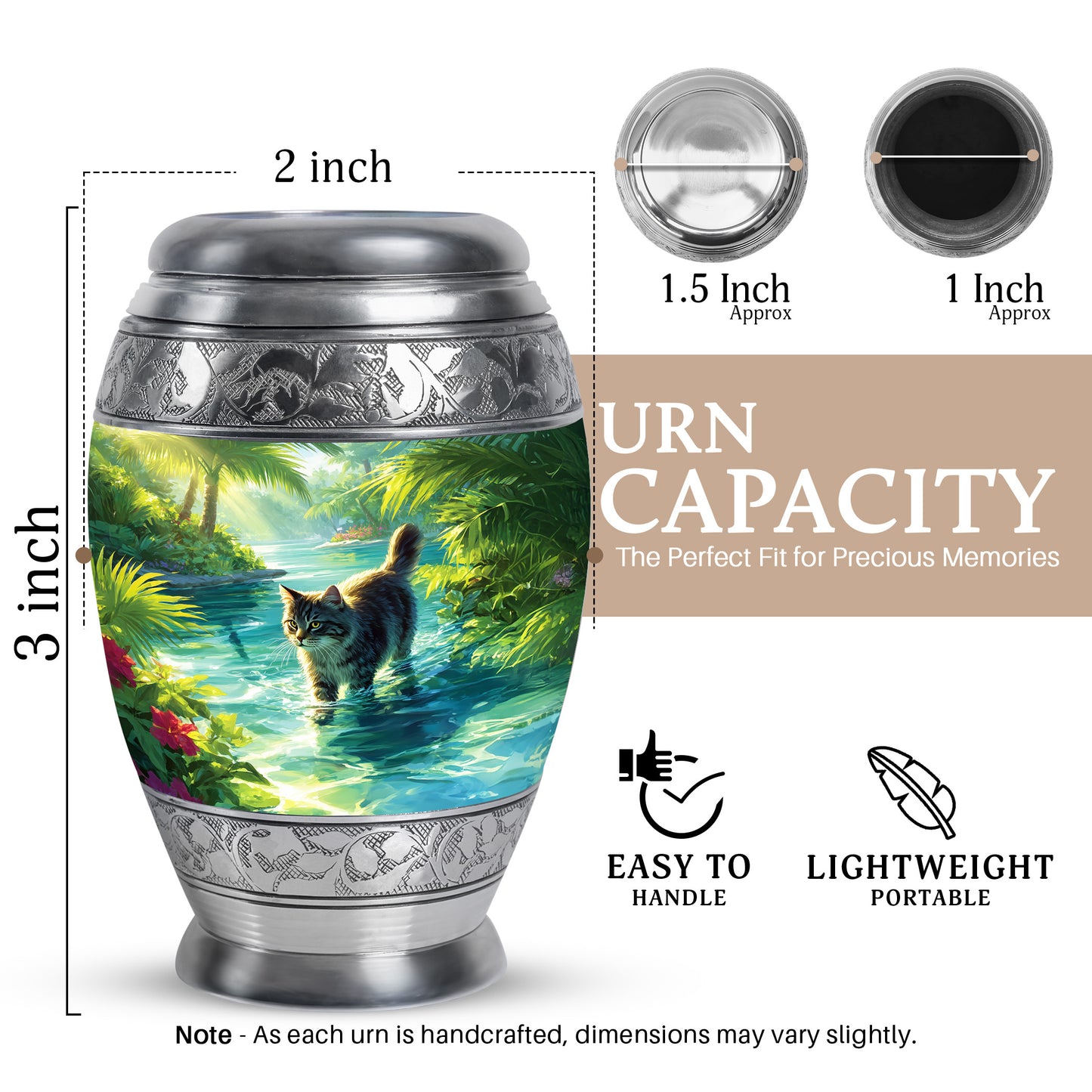 Olive Green Cat Cremation Urn lifestyle display on memorial shelf - royal cat engraving with decorative scrollwork - mini keepsake memorial for portion of cremation ashes
